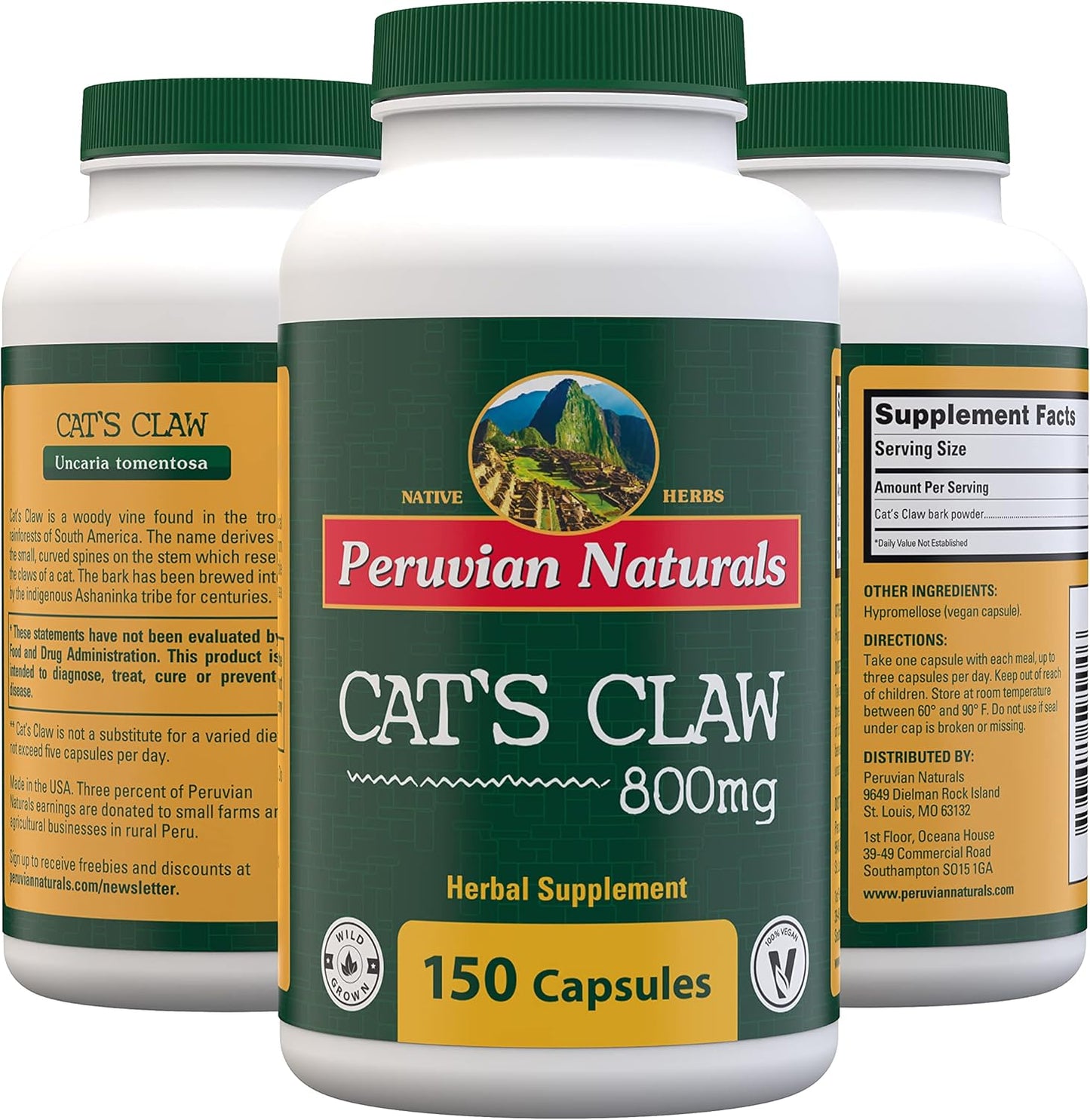 Peruvian Naturals Cat's Claw 800mg Capsules - Vegan Cats Claw Bark from Peru - 150 Ct. | Corteza UNA de Gato - 100% Natural