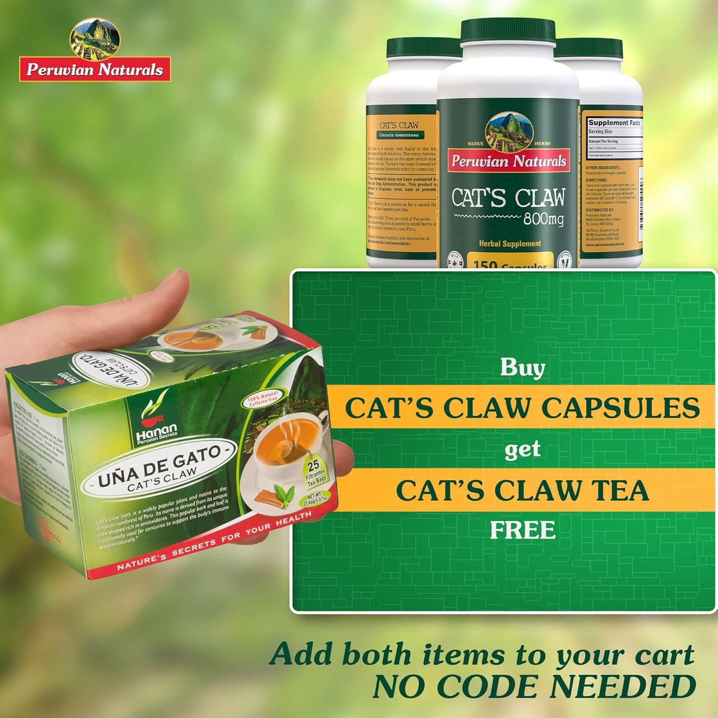 Peruvian Naturals Cat's Claw 800mg Capsules - Vegan Cats Claw Bark from Peru - 150 Ct. | Corteza UNA de Gato - 100% Natural