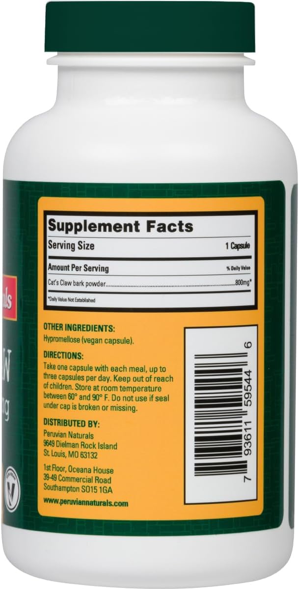 Peruvian Naturals Cat's Claw 800mg Capsules - Vegan Cats Claw Bark from Peru - 150 Ct. | Corteza UNA de Gato - 100% Natural
