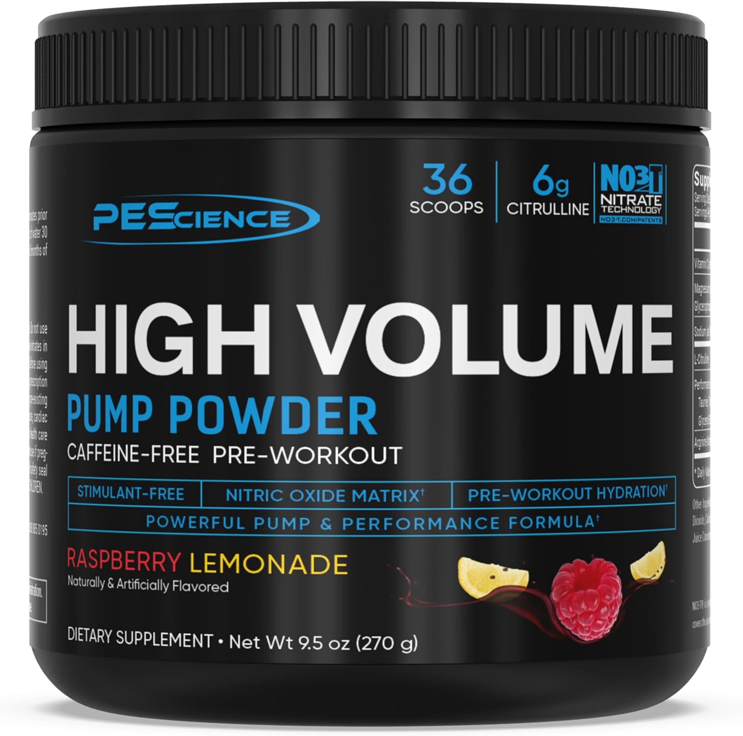 PEScience Nitric Oxide Booster Pre Workout Powder - Raspberry Lemonade Flavor - 36 Scoops - Caffeine Free