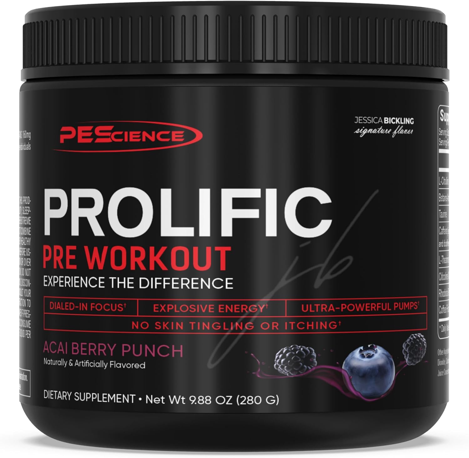 PEScience Prolific Acai Berry Punch Pre Workout Powder - 40 Scoops, Energy Supplement with Nitric Oxide Boost