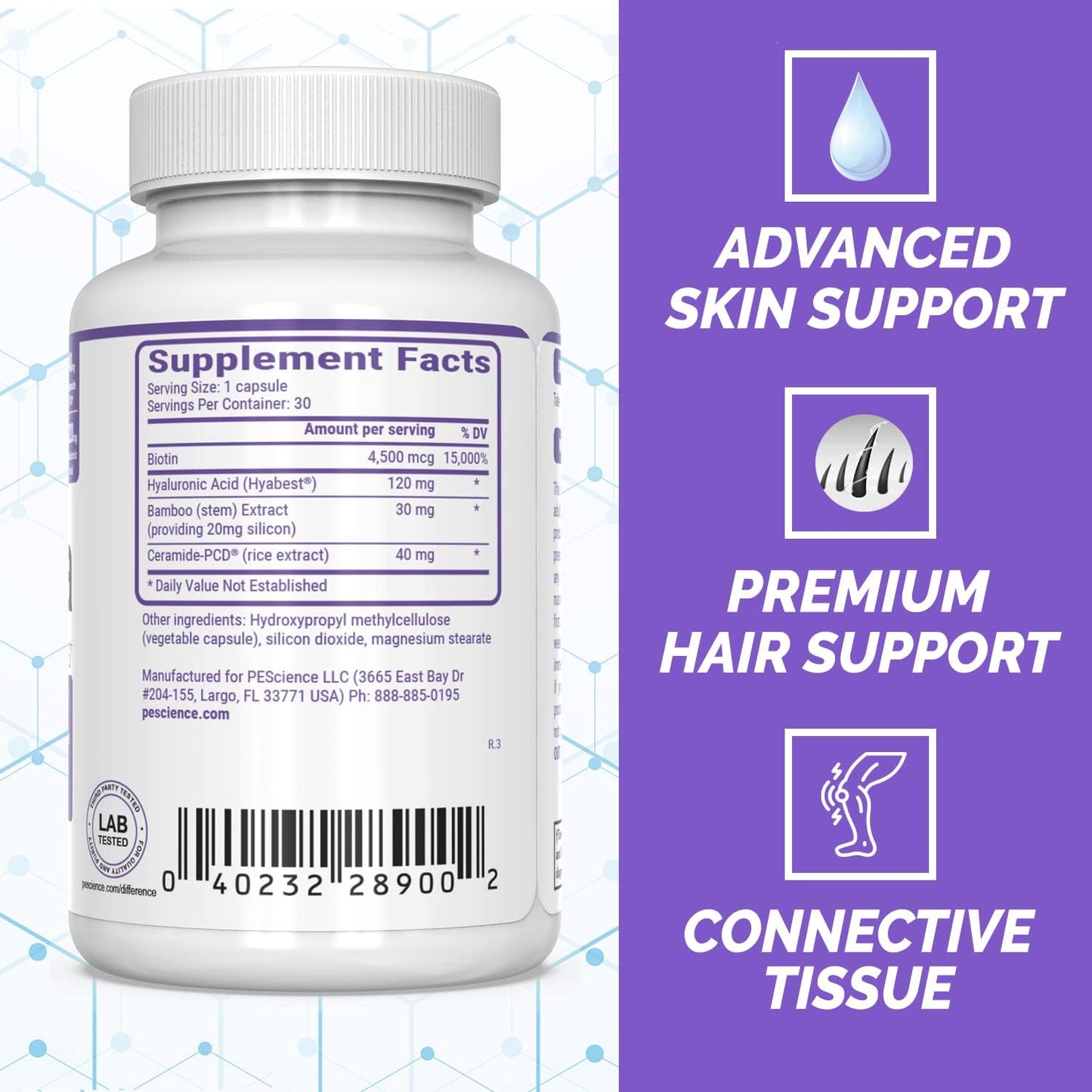 PEScience Renuvia Hyaluronic Acid Hair Skin Nails Supplement, 30 Capsules, Daily Use