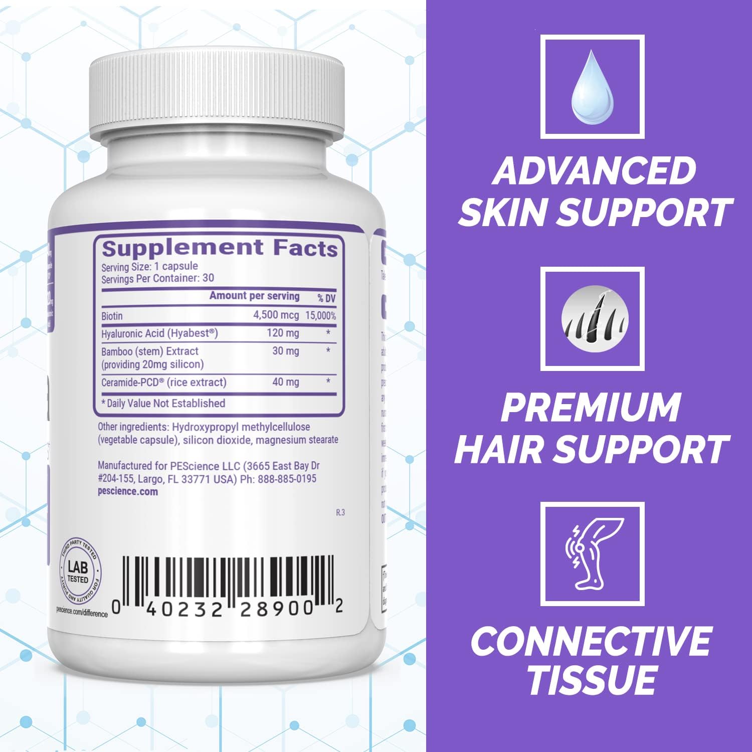 PEScience Renuvia Hyaluronic Acid Hair Skin Nails Supplement, 30 Capsules, Daily Use