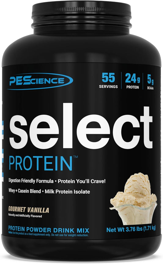PEScience Select Protein Powder - Gourmet Vanilla, 55 Servings, Whey & Casein Blend for Muscle Growth & Recovery, Low Carb, Low Fat, Gluten-Free, 24g Protein Powder Per Serving
