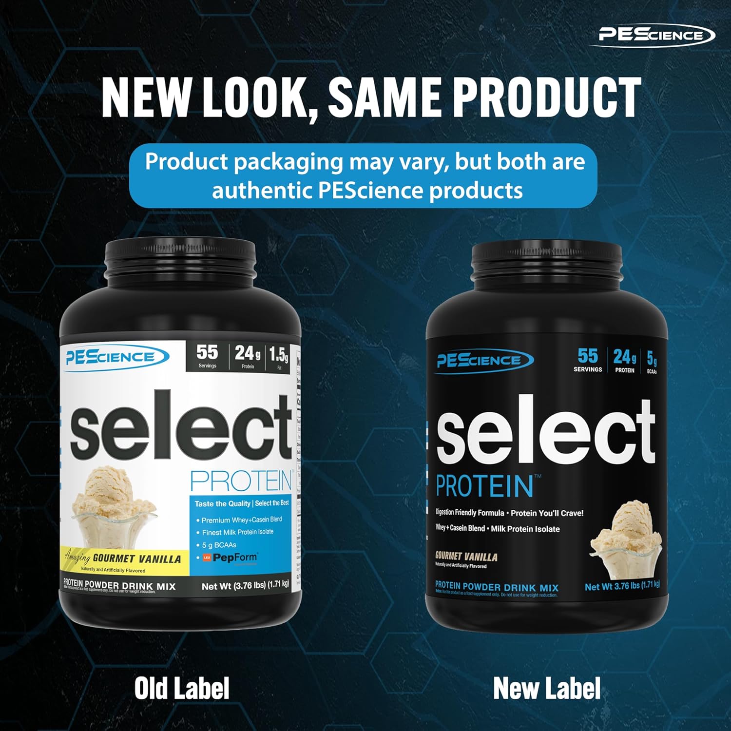 PEScience Select Protein Powder - Gourmet Vanilla, 55 Servings, Whey & Casein Blend for Muscle Growth & Recovery, Low Carb, Low Fat, Gluten-Free, 24g Protein Powder Per Serving