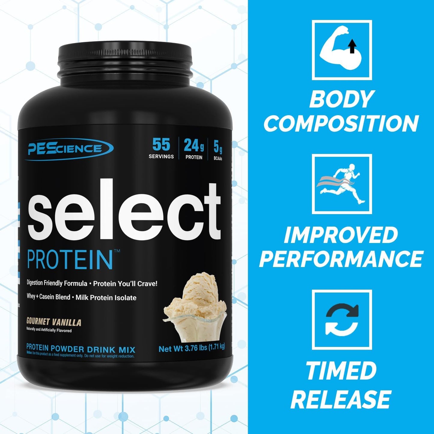 PEScience Select Protein Powder - Gourmet Vanilla, 55 Servings, Whey & Casein Blend for Muscle Growth & Recovery, Low Carb, Low Fat, Gluten-Free, 24g Protein Powder Per Serving
