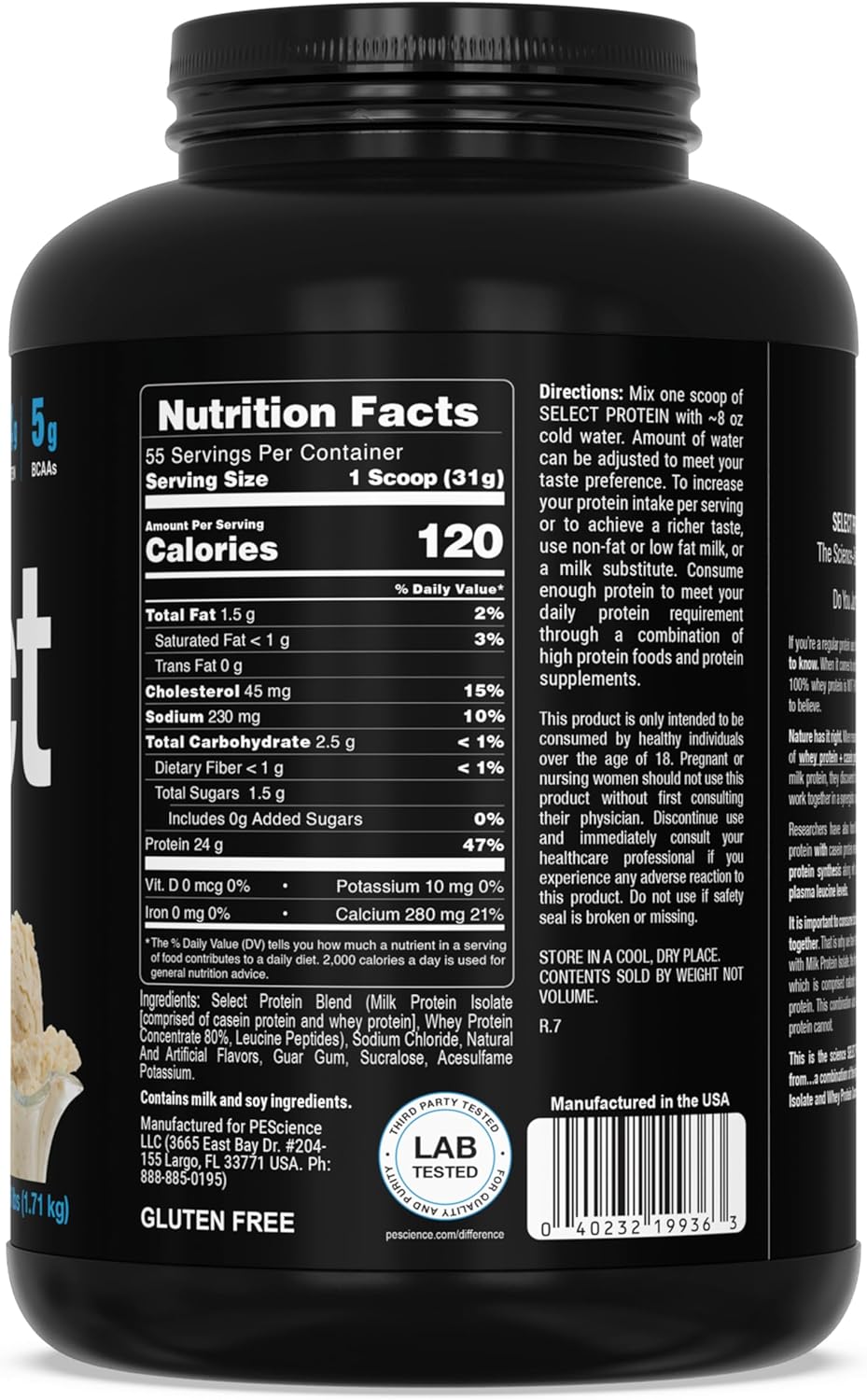 PEScience Select Protein Powder - Gourmet Vanilla, 55 Servings, Whey & Casein Blend for Muscle Growth & Recovery, Low Carb, Low Fat, Gluten-Free, 24g Protein Powder Per Serving