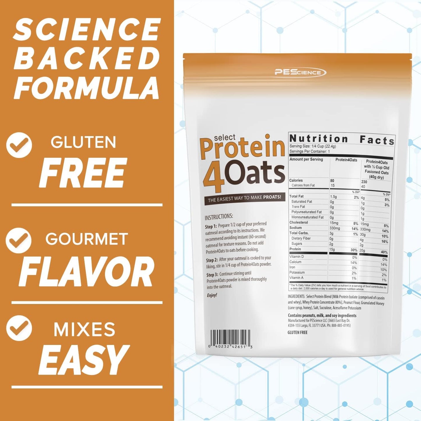 PEScience Select Protein4Oats, Peanut Butter and Honey, 12 Servings, Whey and Casein Blend for Oats