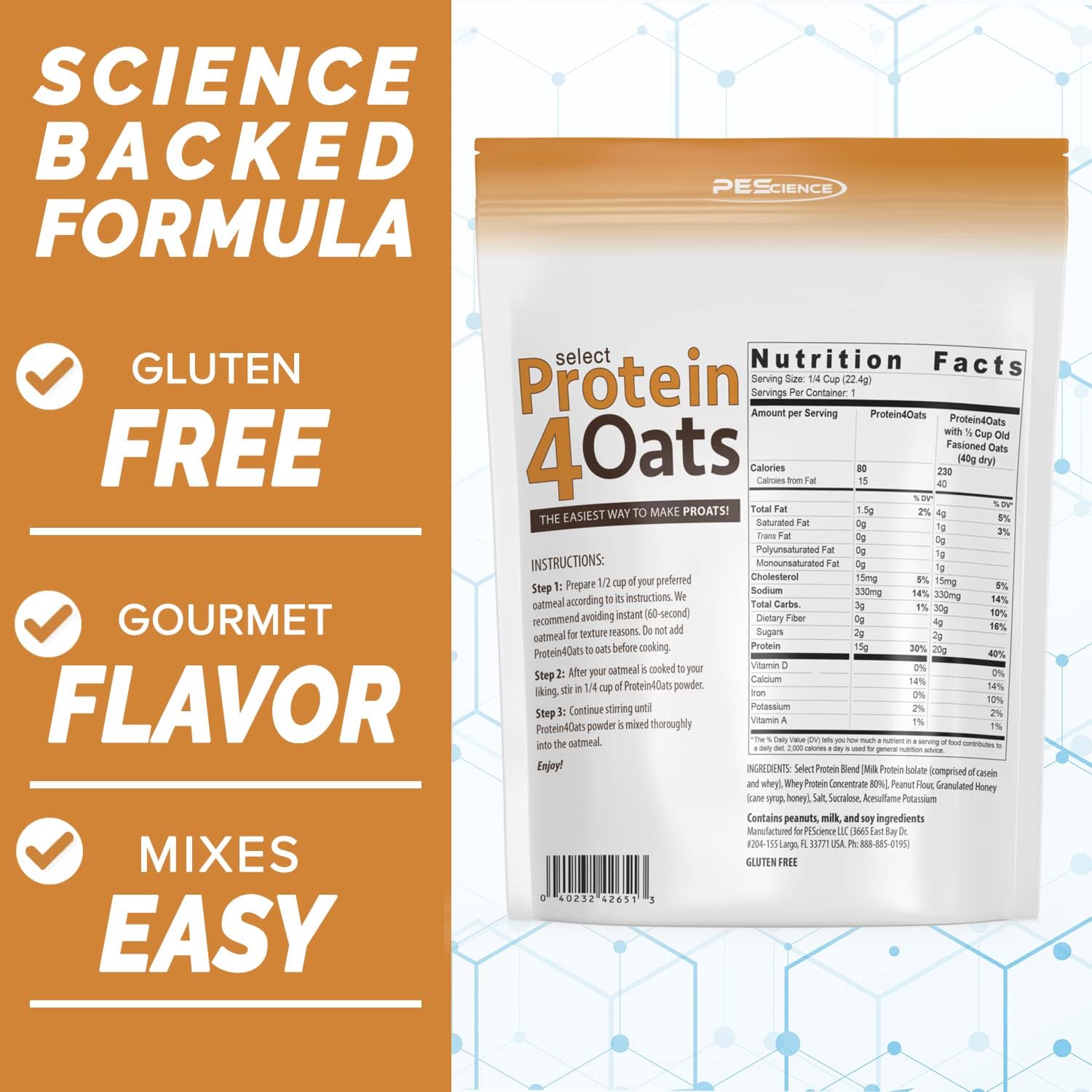PEScience Select Protein4Oats, Peanut Butter and Honey, 12 Servings, Whey and Casein Blend for Oats