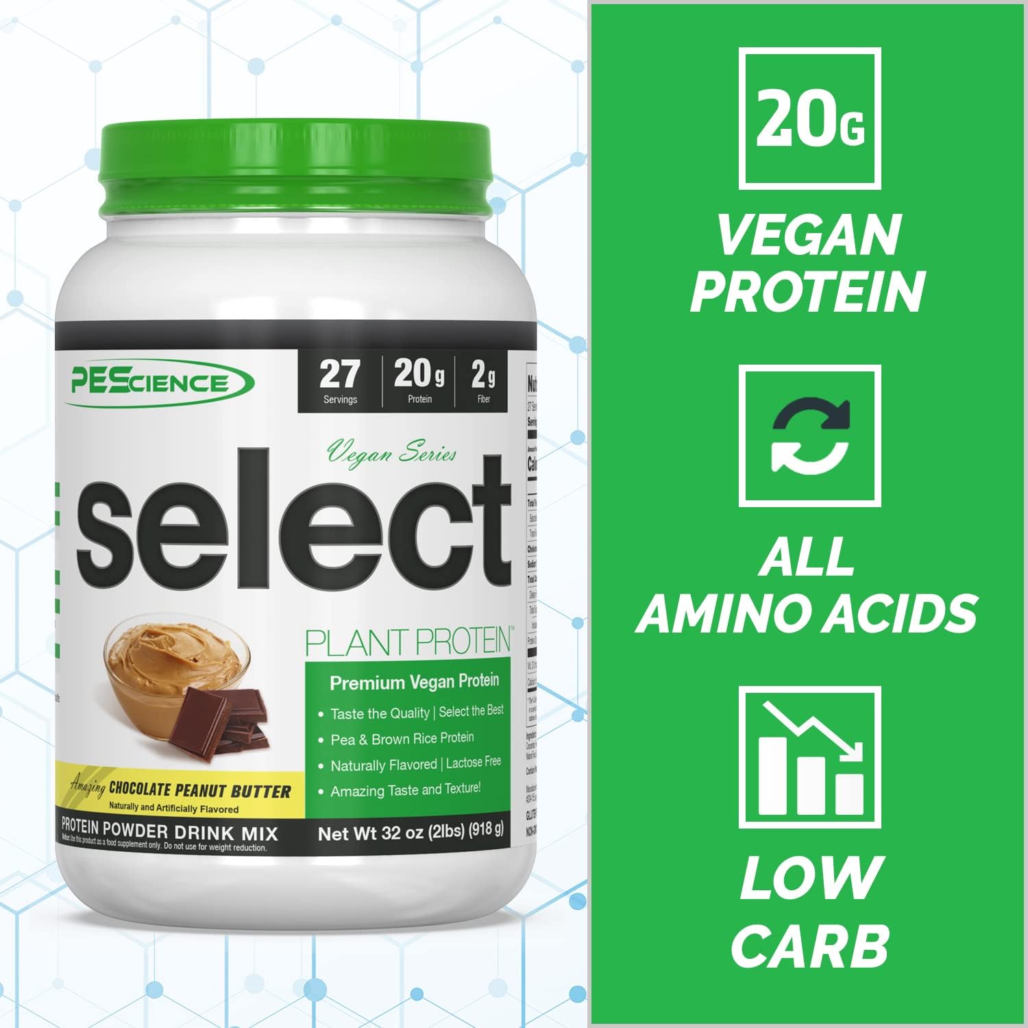 PEScience Select Vegan Chocolate Peanut Butter Protein Powder - 27 Servings, Premium Plant-Based Blend of Pea and Brown Rice