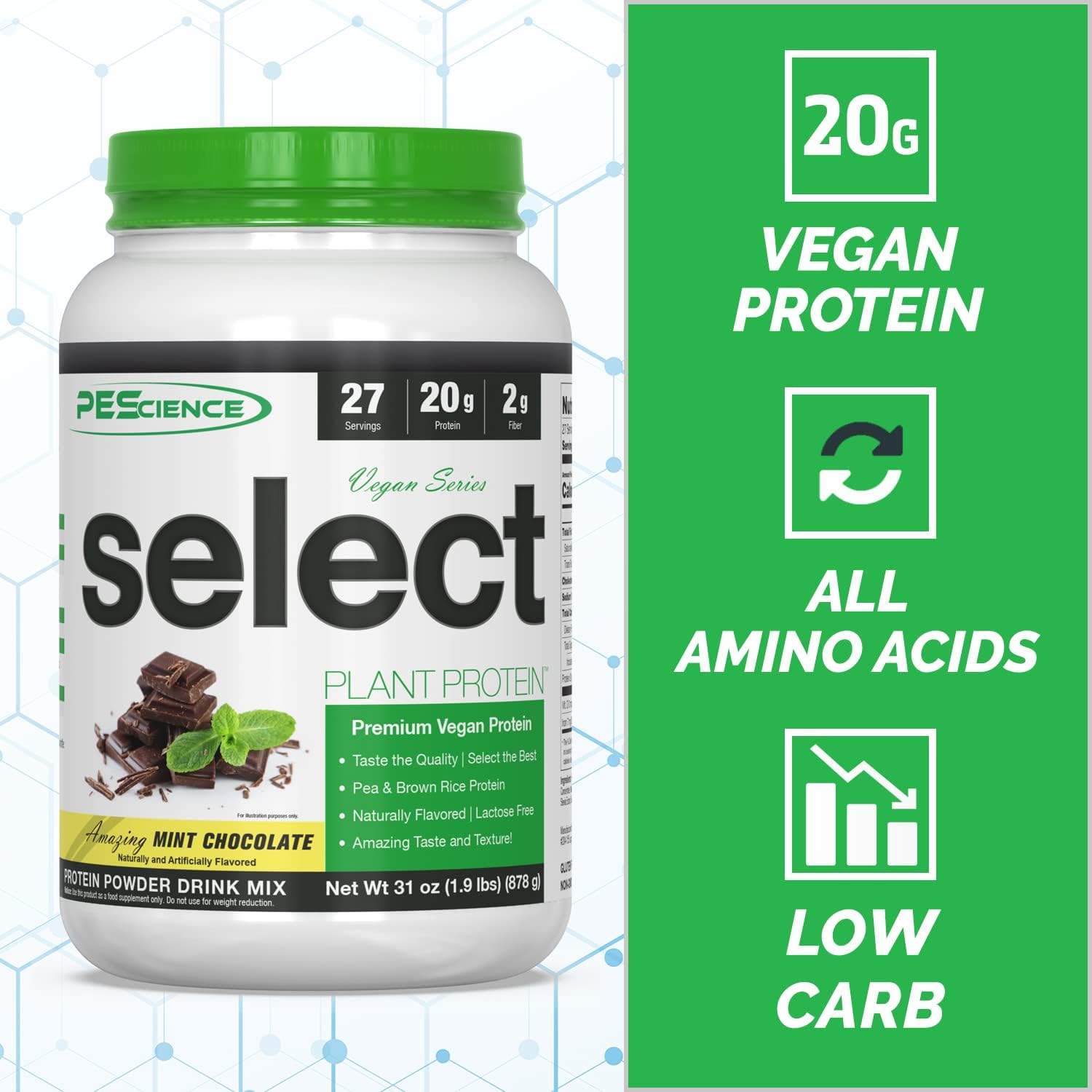 PEScience Select Vegan Mint Chocolate Protein Powder - 27 Servings, Premium Plant-Based Pea & Brown Rice Blend