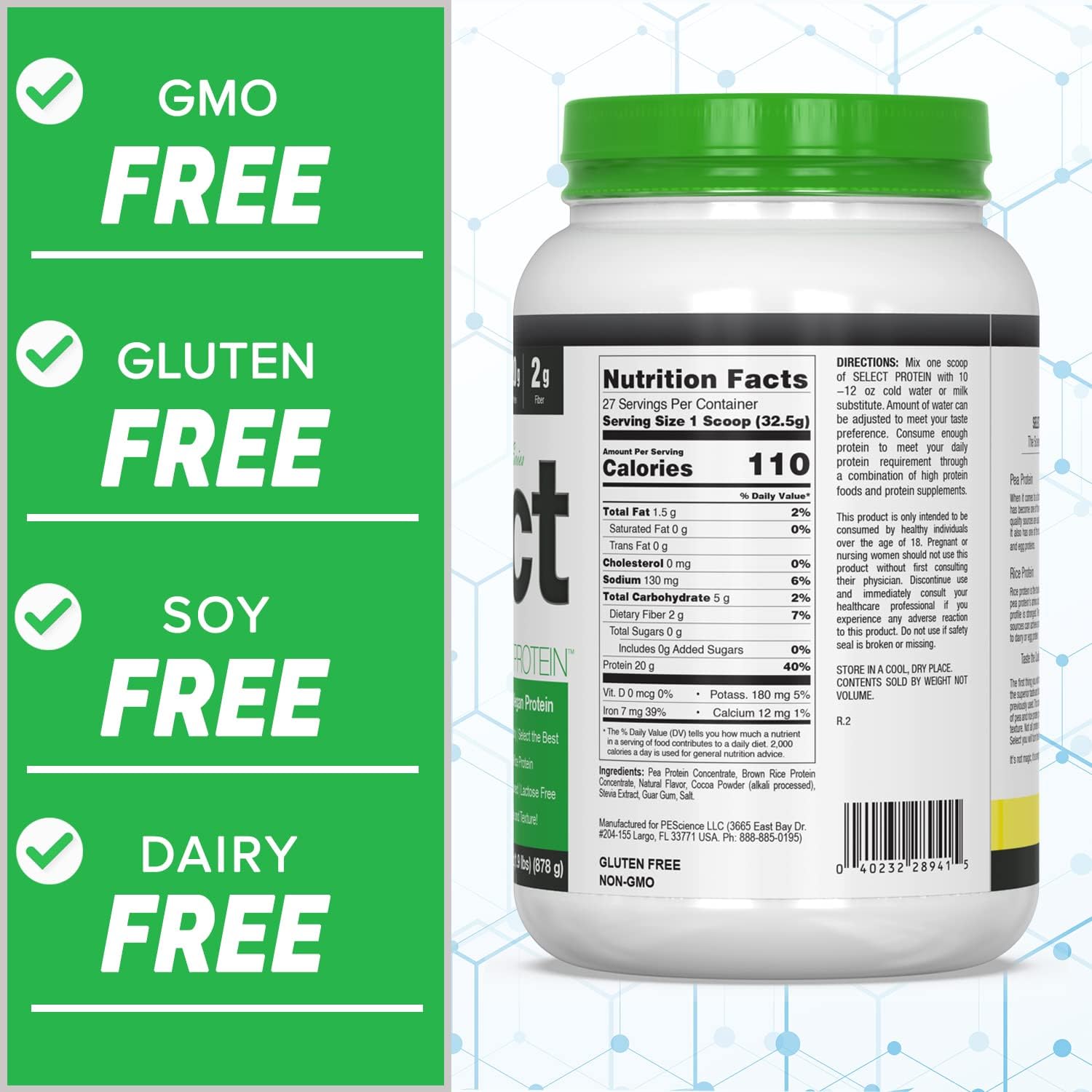 PEScience Select Vegan Mint Chocolate Protein Powder - 27 Servings, Premium Plant-Based Pea & Brown Rice Blend