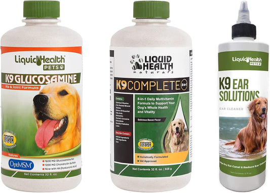 Pet Bundle for Joint Health, Mobility, Immune Support, and Ear Cleaning - LiquidHealth Pets K9 Glucosamine, Ear Wash, & Multivitamin Formula