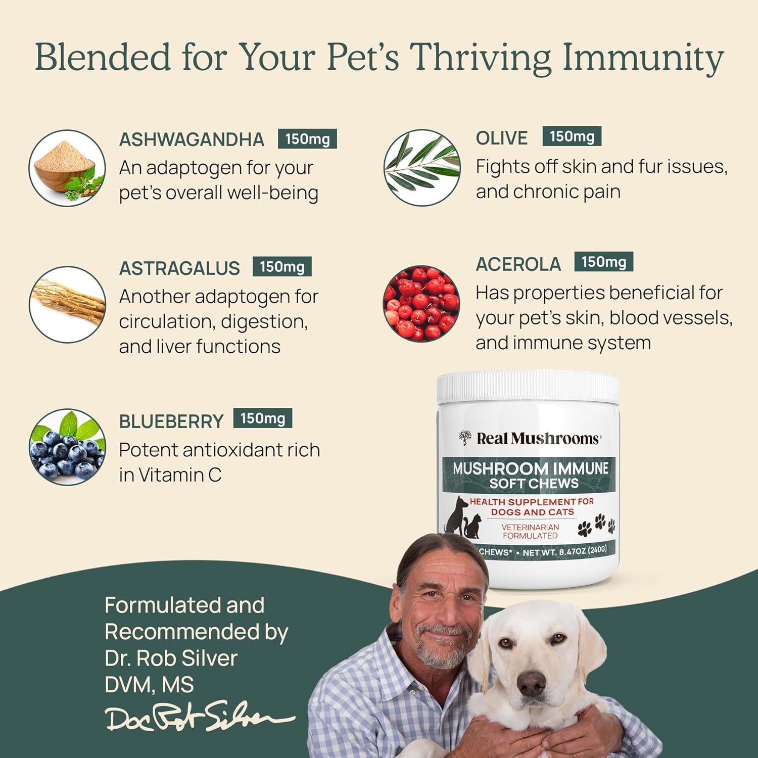 Pet Chews with Real Mushrooms for Immune Support - 60ct Supplements for Dogs and Cats with Ashwagandha, Astragalus, Blueberry, Olive Leaf, and Acerola for Gut Health