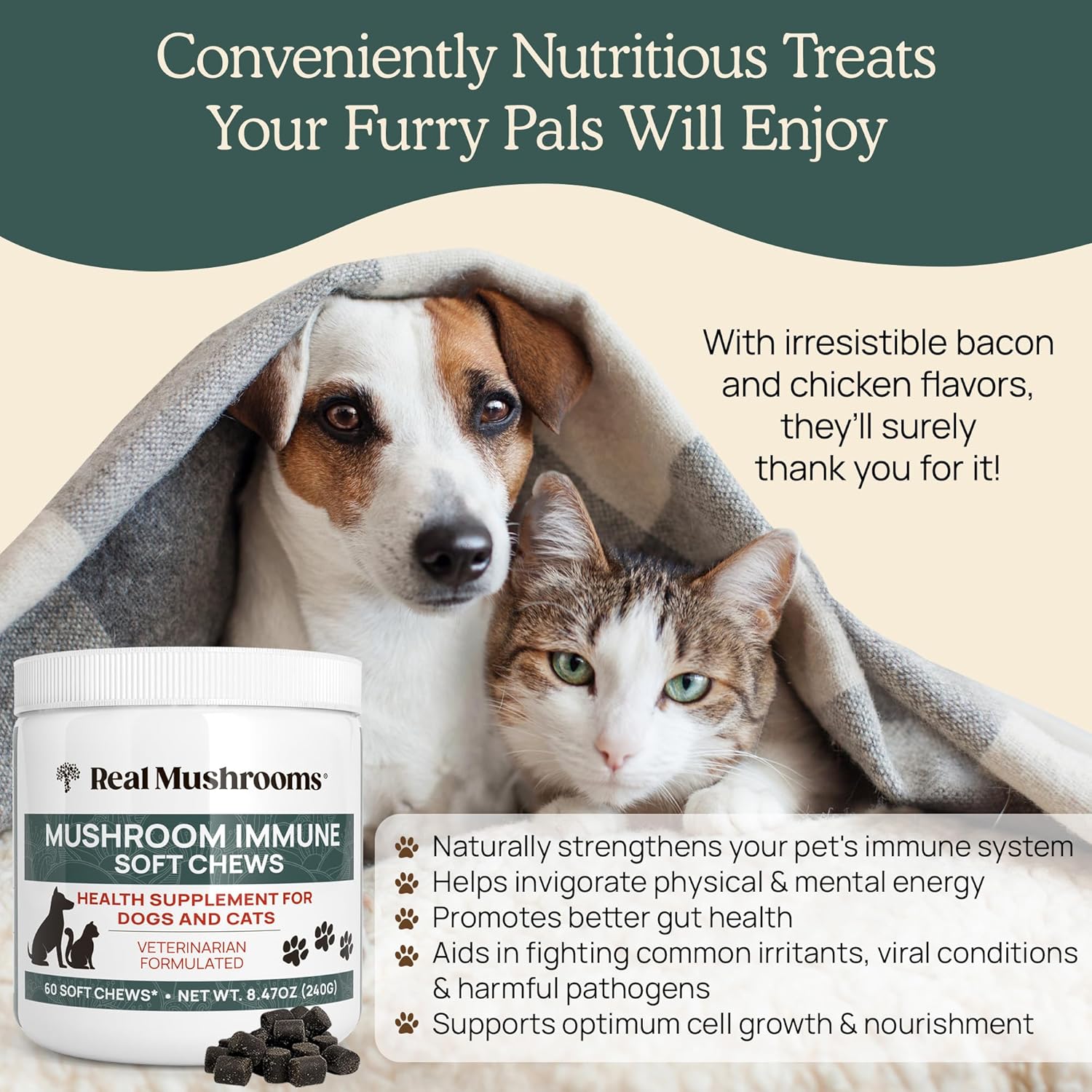 Pet Chews with Real Mushrooms for Immune Support - 60ct Supplements for Dogs and Cats with Ashwagandha, Astragalus, Blueberry, Olive Leaf, and Acerola for Gut Health