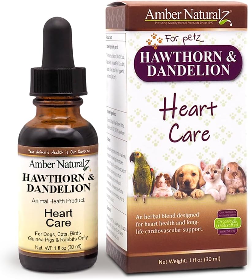 Pet Herbal Supplement for Heart Care - Amber NaturalZ Hawthorn and Dandelion | 1oz Glass Bottle | Made in USA