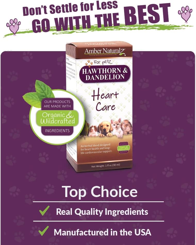 Pet Herbal Supplement for Heart Care - Amber NaturalZ Hawthorn and Dandelion | 1oz Glass Bottle | Made in USA