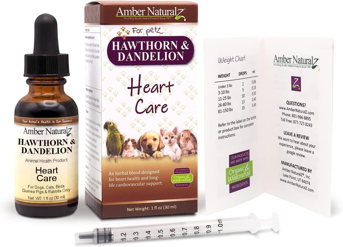 Pet Herbal Supplement for Heart Care - Amber NaturalZ Hawthorn and Dandelion | 1oz Glass Bottle | Made in USA