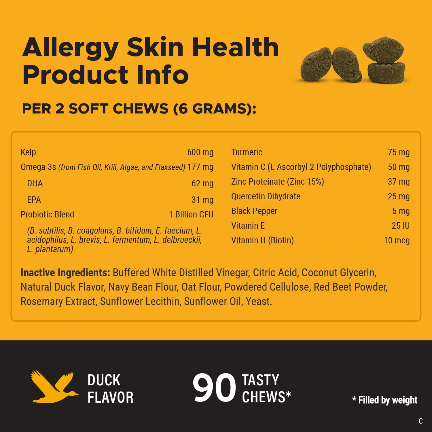 Pet Honesty Allergy Skin Health Soft Chews - Itch Relief, Fish Oil, Probiotics for Dogs, Shiny Coats, Reduce Shedding - 90 Ct (Duck)