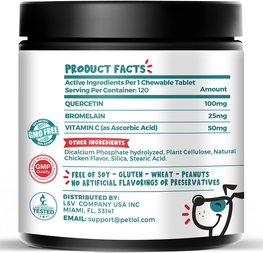 PET LOL Quercetin, Bromelain, Vitamin C Chewable Tablets for Dog Allergies & Immune Support