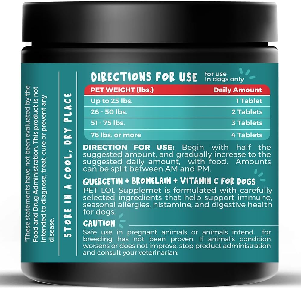 PET LOL Quercetin, Bromelain, Vitamin C Chewable Tablets for Dog Allergies & Immune Support