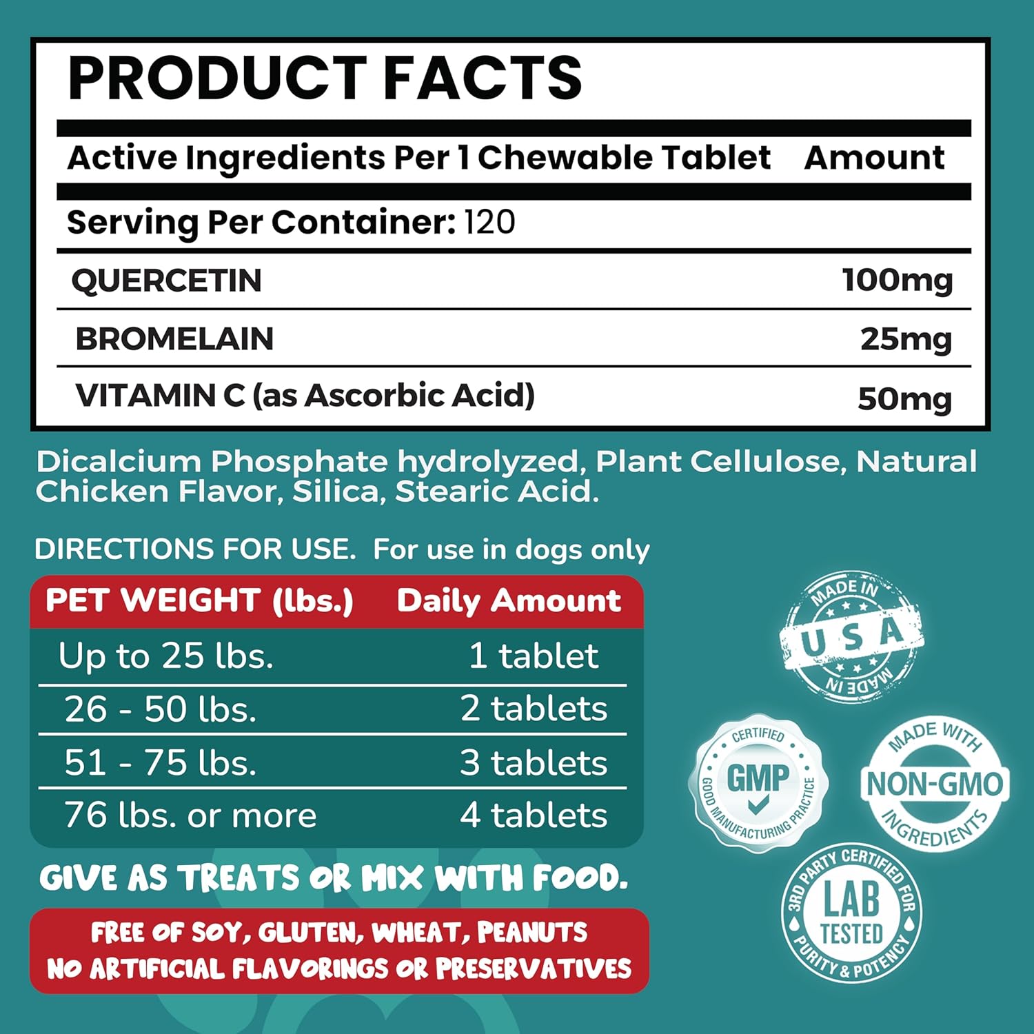 PET LOL Quercetin, Bromelain, Vitamin C Chewable Tablets for Dog Allergies & Immune Support