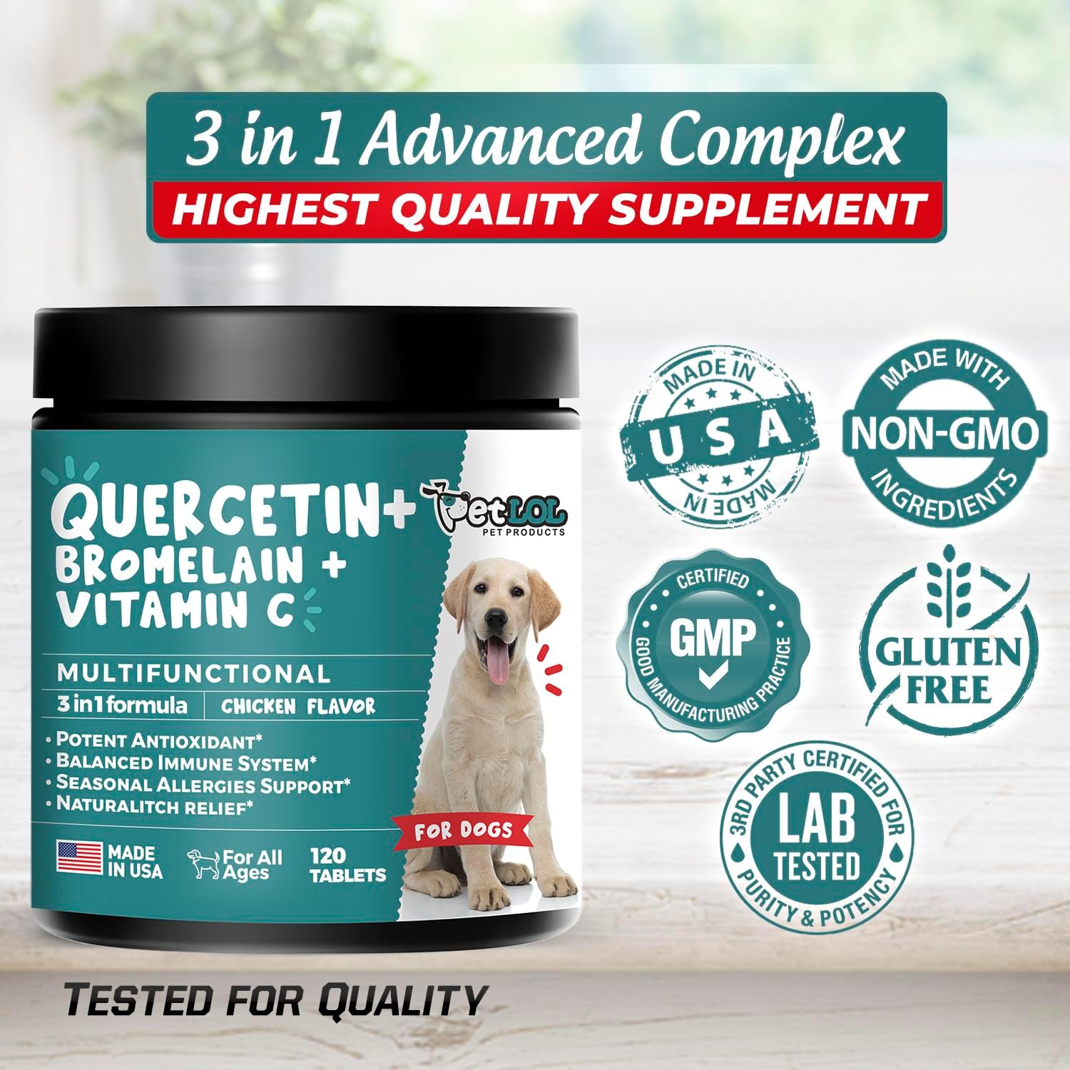 PET LOL Quercetin, Bromelain, Vitamin C Chewable Tablets for Dog Allergies & Immune Support