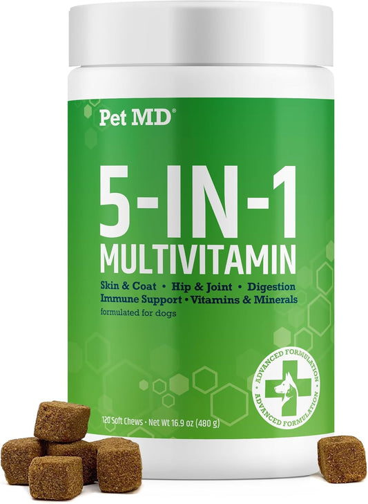 Pet MD 5in1 Dog Multivitamin with 30 Essential Nutrients for Skin & Coat, Hip & Joint, Digestion - Senior Dog & Puppy Vitamins - 60ct Bottle with Glucosamine, Omega 3 6 9, & Probiotics