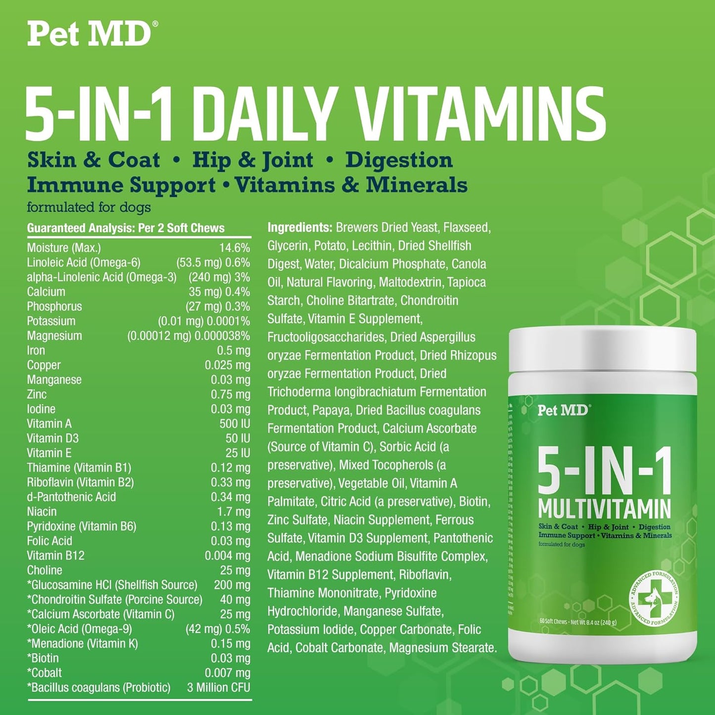 Pet MD 5in1 Dog Multivitamin with 30 Essential Nutrients for Skin & Coat, Hip & Joint, Digestion - Senior Dog & Puppy Vitamins - 60ct Bottle with Glucosamine, Omega 3 6 9, & Probiotics