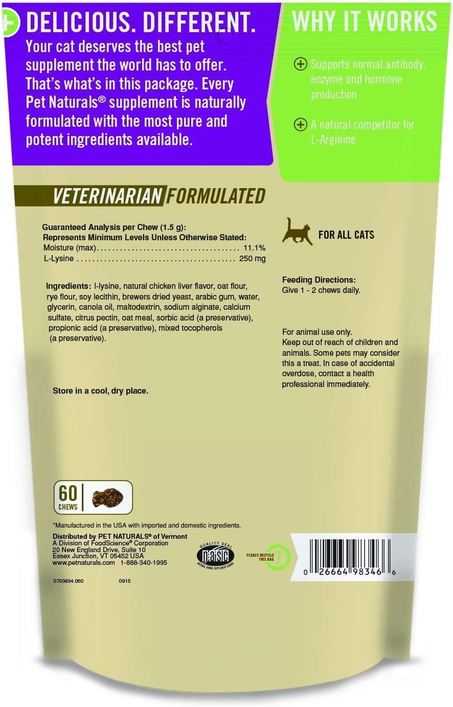 Pet Naturals of Vermont L-Lysine Chews for Cats - 60 Fun-Shaped Treats, 3 Pack
