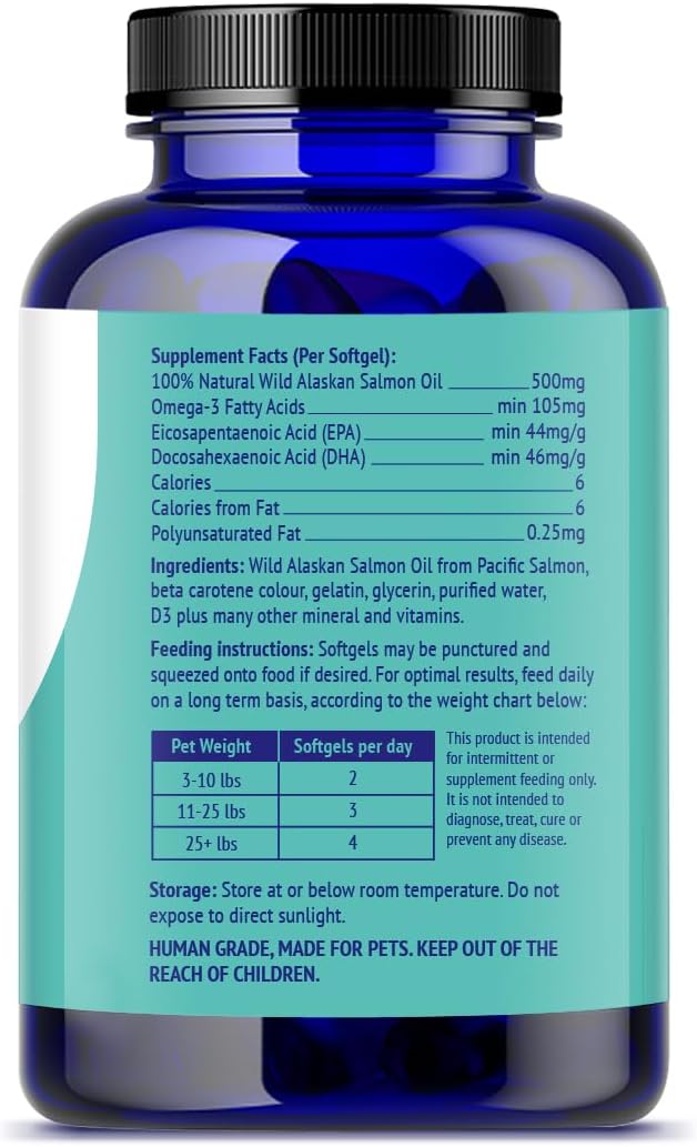 Pet Omega 3 Fish Oil Supplement for Small Dogs & Cats - Natural DHA & EPA Fatty Acids - Healthy Skin & Coat - Reduces Shedding - 500mg - 120 Capsules