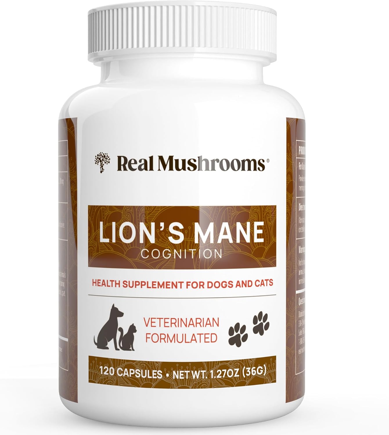 Pet Support Mushroom Supplement for Cats and Dogs - Lions Mane Complex Capsules for Cognition and Memory - 120ct Gluten-Free, Non-GMO - Vet Approved Vitamins