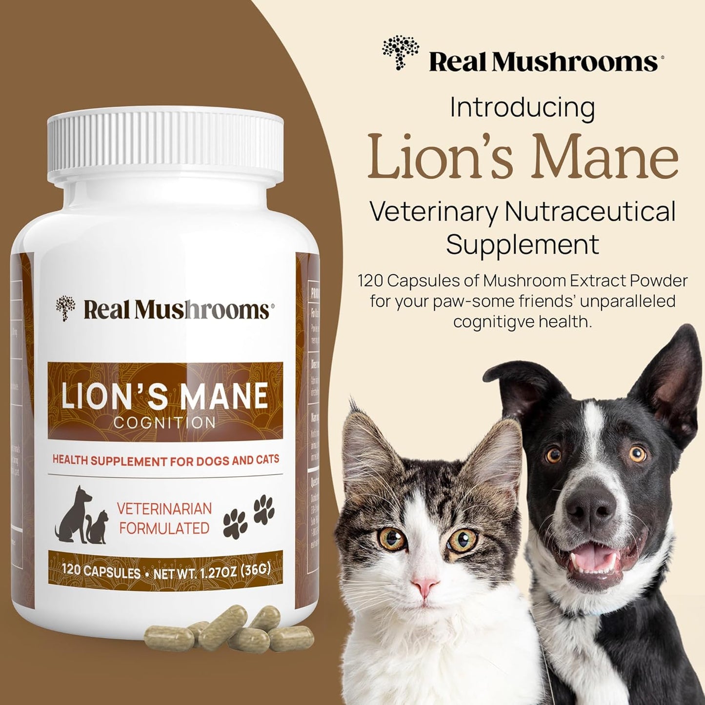 Pet Support Mushroom Supplement for Cats and Dogs - Lions Mane Complex Capsules for Cognition and Memory - 120ct Gluten-Free, Non-GMO - Vet Approved Vitamins