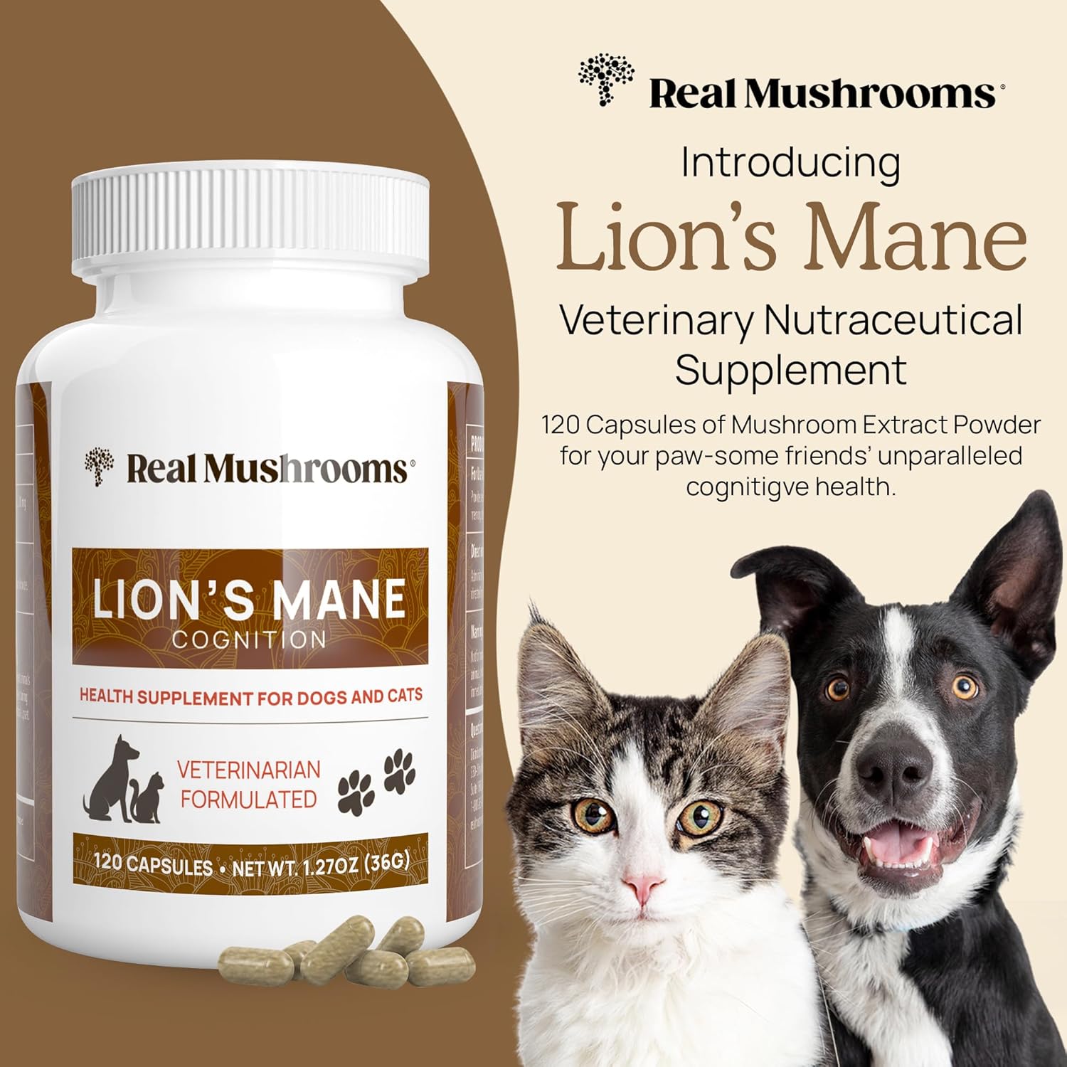 Pet Support Mushroom Supplement for Cats and Dogs - Lions Mane Complex Capsules for Cognition and Memory - 120ct Gluten-Free, Non-GMO - Vet Approved Vitamins