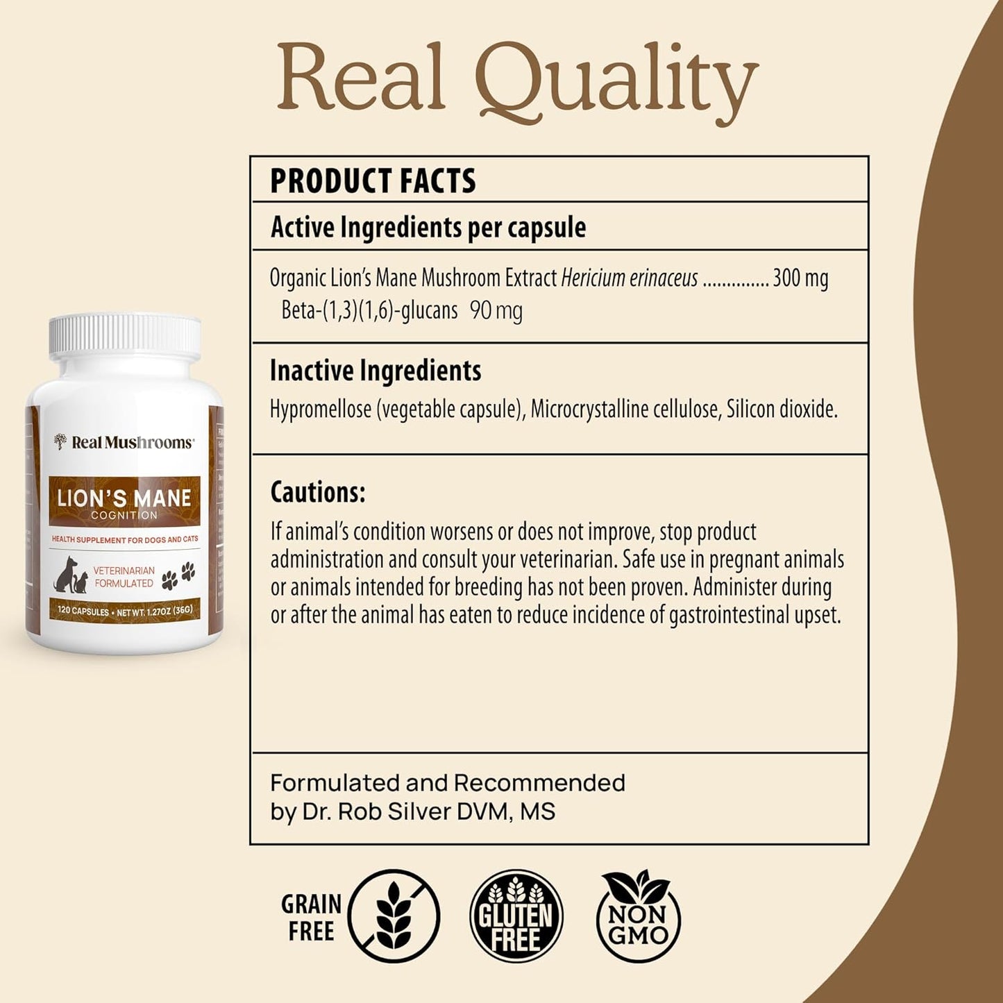 Pet Support Mushroom Supplement for Cats and Dogs - Lions Mane Complex Capsules for Cognition and Memory - 120ct Gluten-Free, Non-GMO - Vet Approved Vitamins