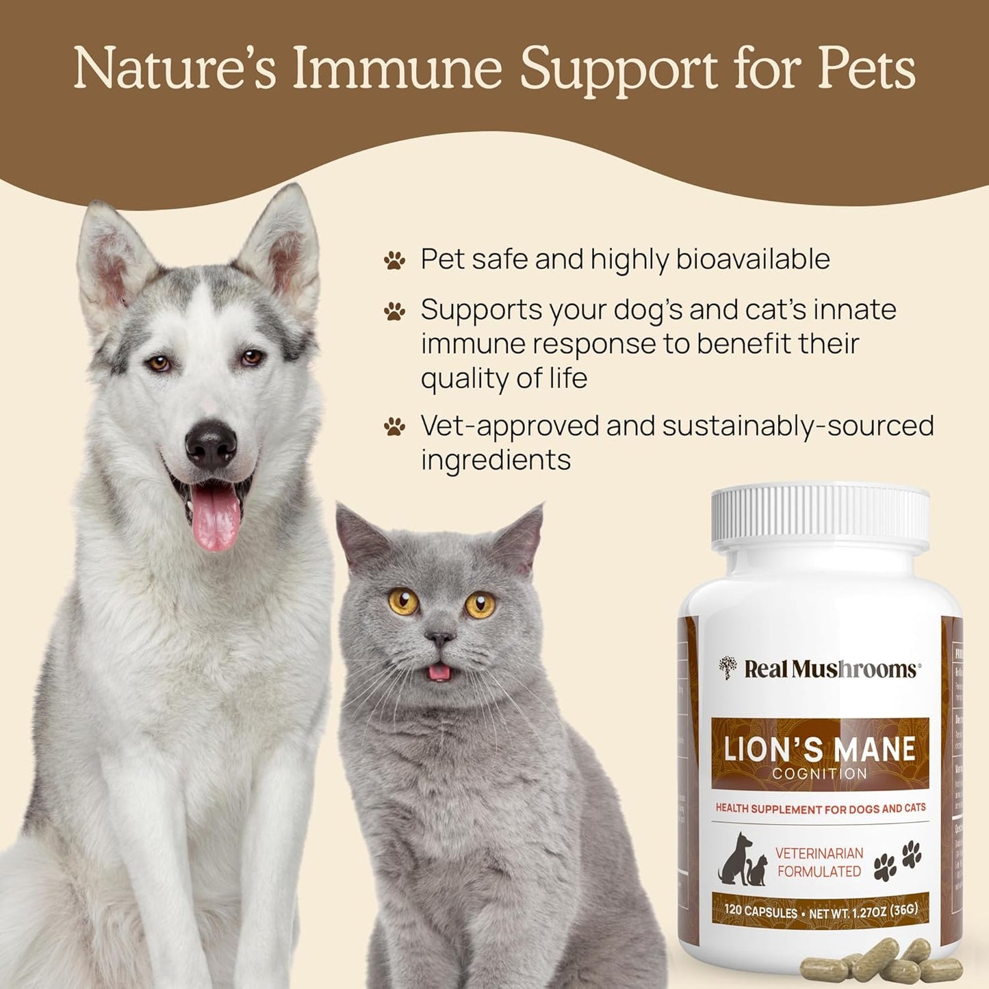Pet Support Mushroom Supplement for Cats and Dogs - Lions Mane Complex Capsules for Cognition and Memory - 120ct Gluten-Free, Non-GMO - Vet Approved Vitamins