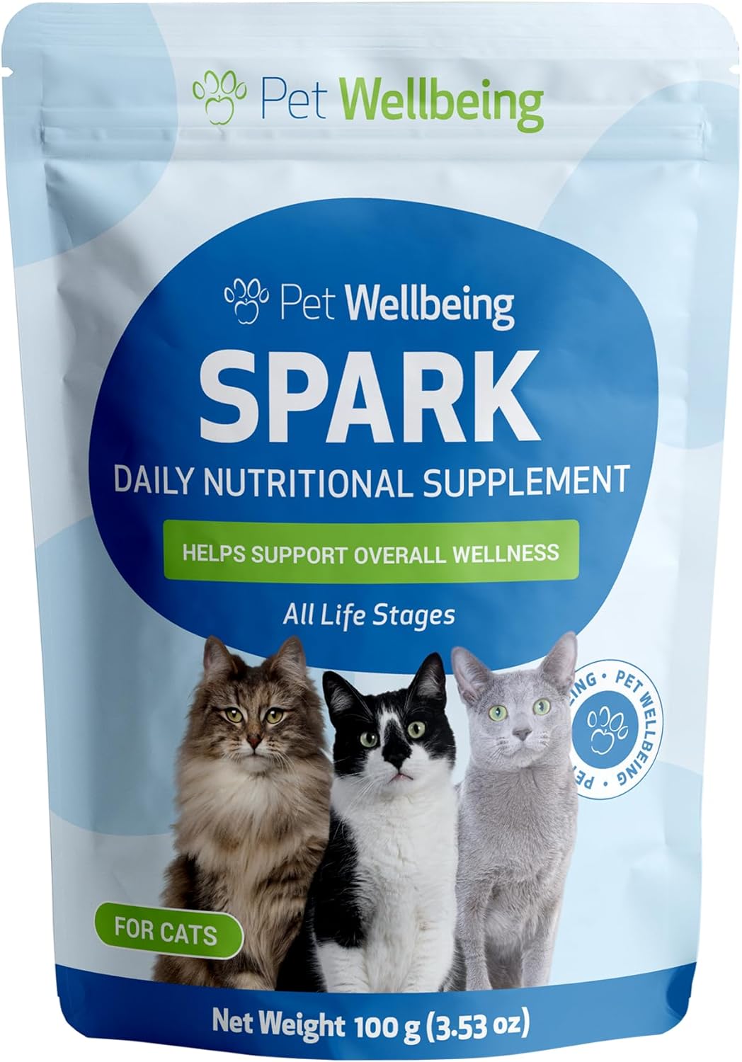 Pet Wellbeing Spark Daily Nutritional Greens Superfood for Cats - Veterinarian-Formulated with Probiotics, Prebiotics, Digestive Enzymes, Amino Acids, Antioxidants, Vitamin D, and Spirulina - 3.53 oz