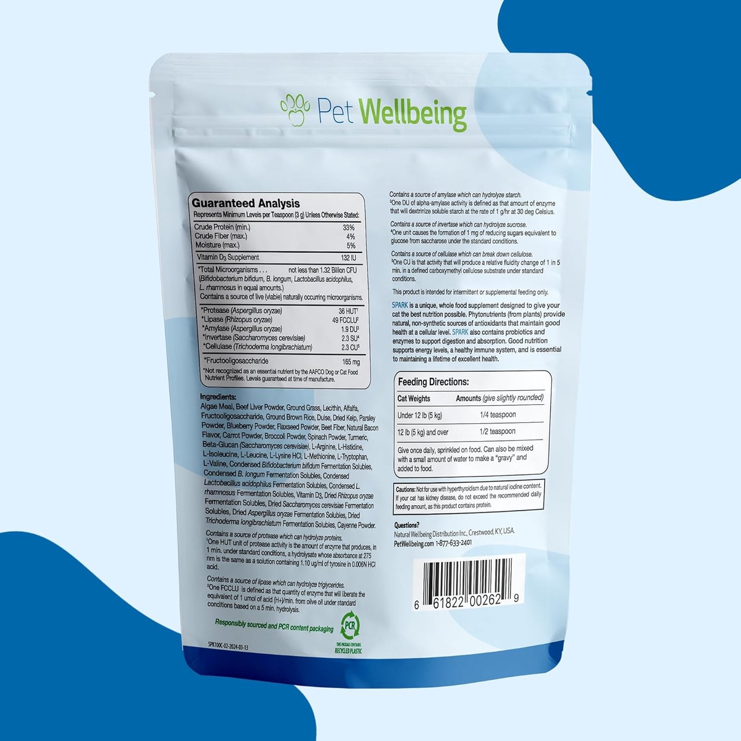Pet Wellbeing Spark Daily Nutritional Greens Superfood for Cats - Veterinarian-Formulated with Probiotics, Prebiotics, Digestive Enzymes, Amino Acids, Antioxidants, Vitamin D, and Spirulina - 3.53 oz