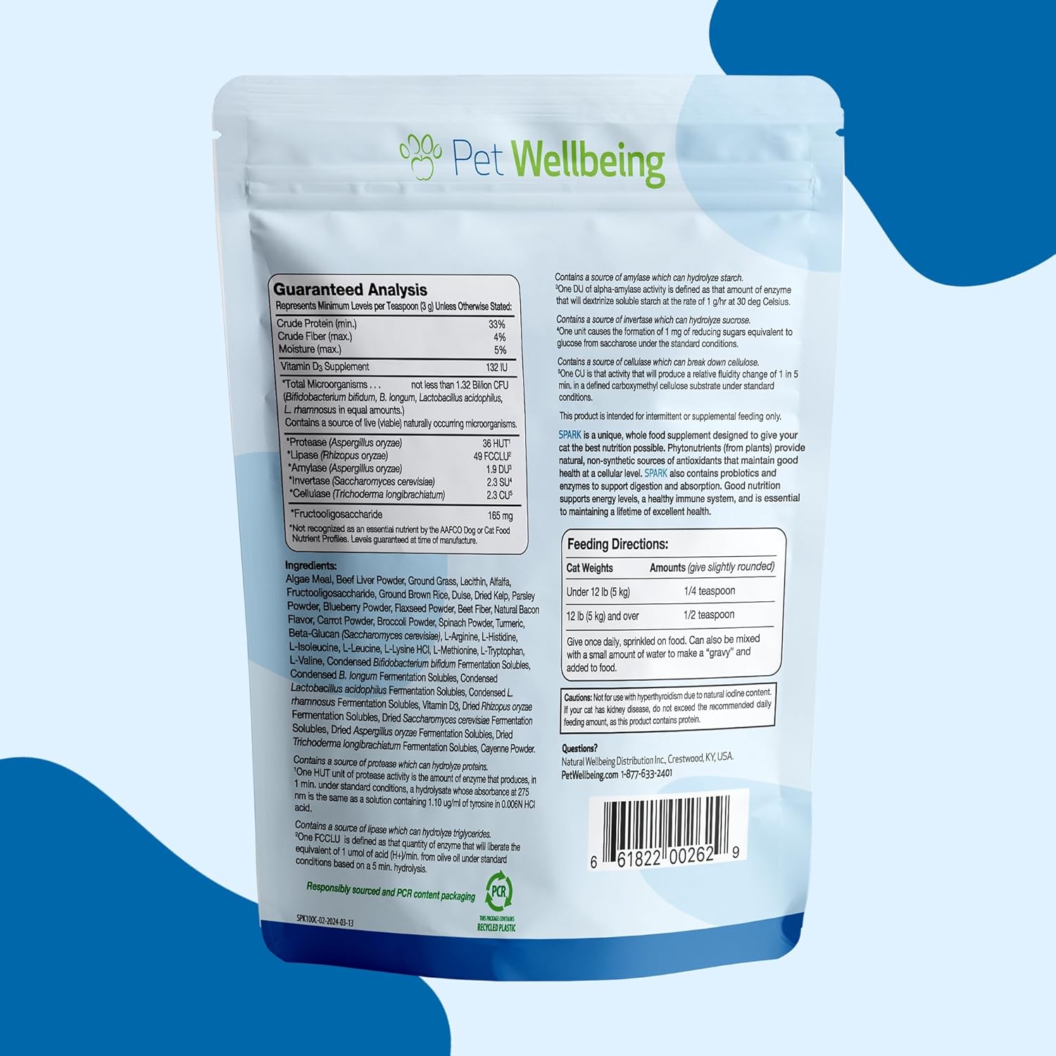 Pet Wellbeing Spark Daily Nutritional Greens Superfood for Cats - Veterinarian-Formulated with Probiotics, Prebiotics, Digestive Enzymes, Amino Acids, Antioxidants, Vitamin D, and Spirulina - 3.53 oz