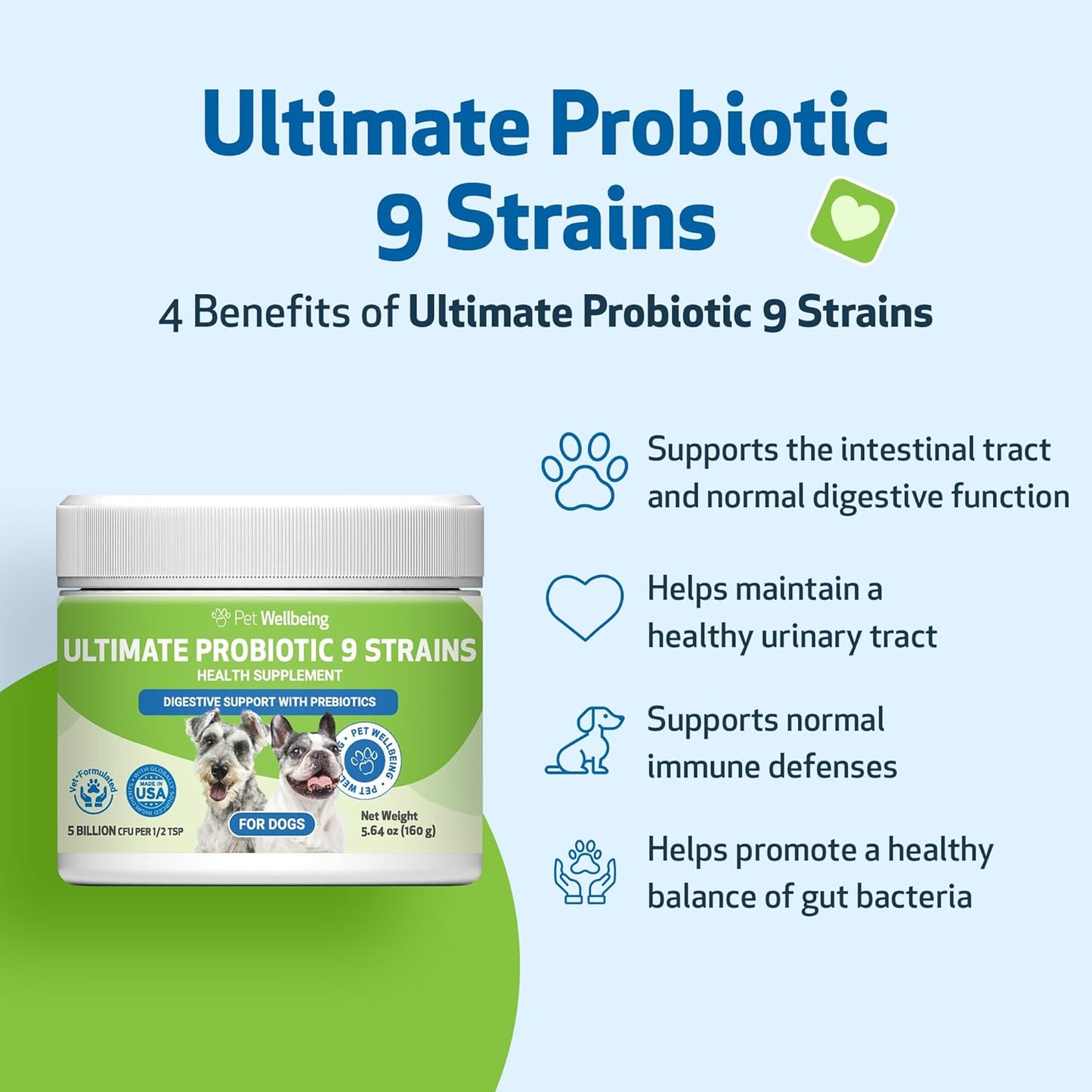 Pet Wellbeing Ultimate Probiotic - 9 Strains for Cats & Dogs - Digestive & Urinary Health Support 160g