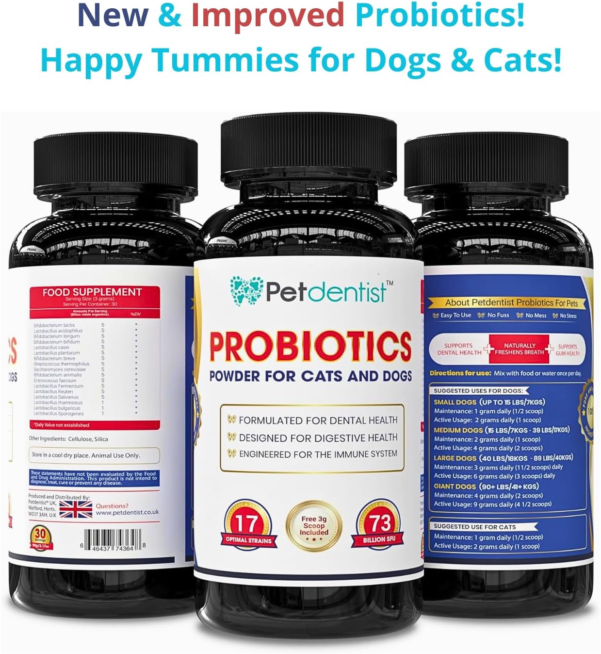 Petdentist Probiotics for Dogs and Cats - 17 Bacterial Strains, 73 Billion CFUs, 90g Powder Supplements for Dental Health, Bad Breath, Digestion, Skin & Coat, Immunity Support
