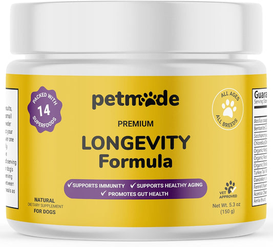 PETMADE Turkey Tail Mushroom Antioxidant Dog Supplements - Longevity Formula with Prebiotics and Probiotics - Gut Health Support Powder for All Dogs - 5.3 oz