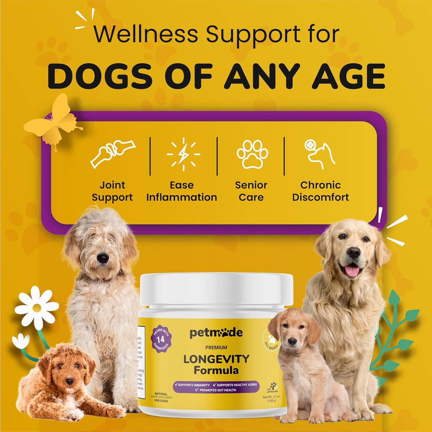 PETMADE Turkey Tail Mushroom Antioxidant Dog Supplements - Longevity Formula with Prebiotics and Probiotics - Gut Health Support Powder for All Dogs - 5.3 oz
