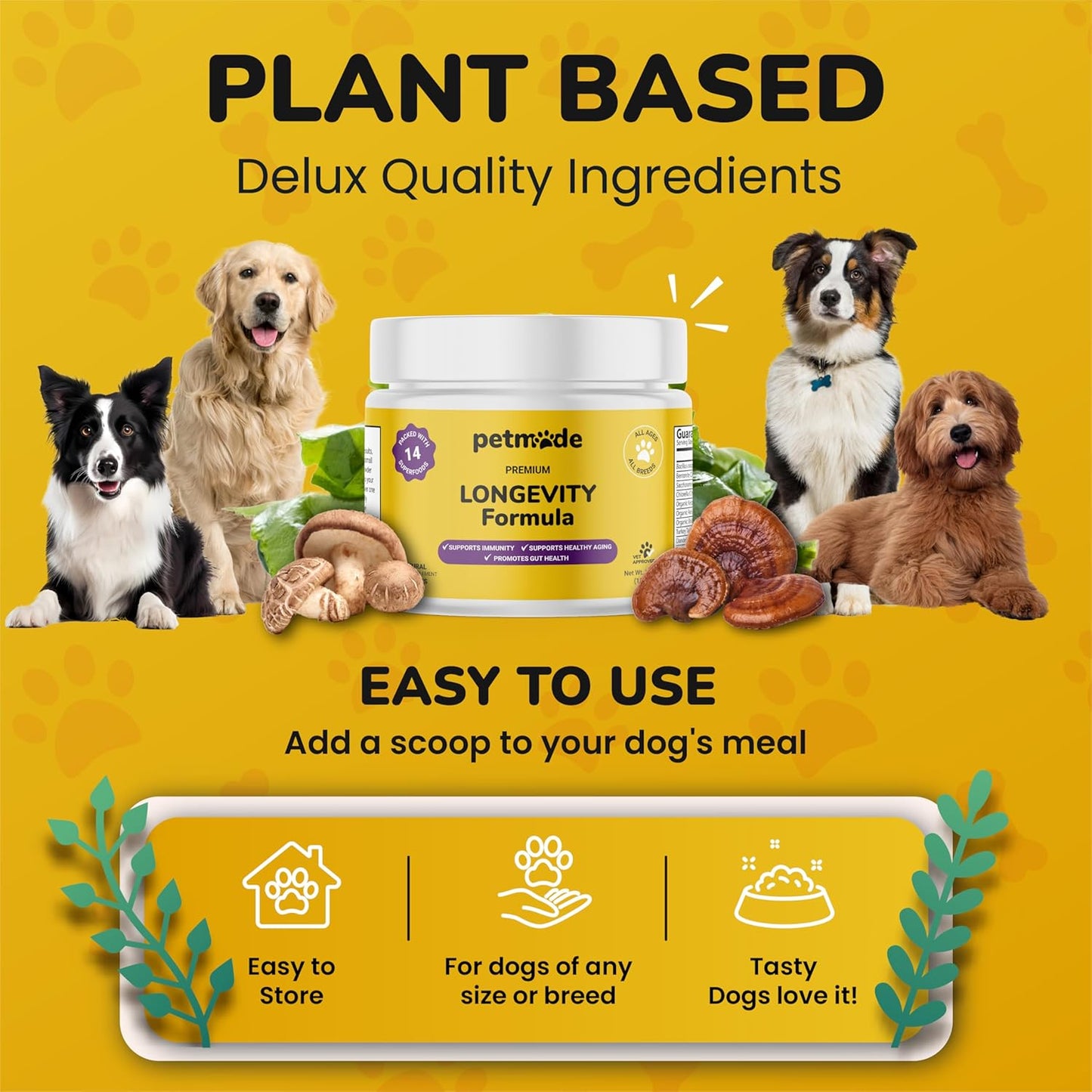 PETMADE Turkey Tail Mushroom Antioxidant Dog Supplements - Longevity Formula with Prebiotics and Probiotics - Gut Health Support Powder for All Dogs - 5.3 oz