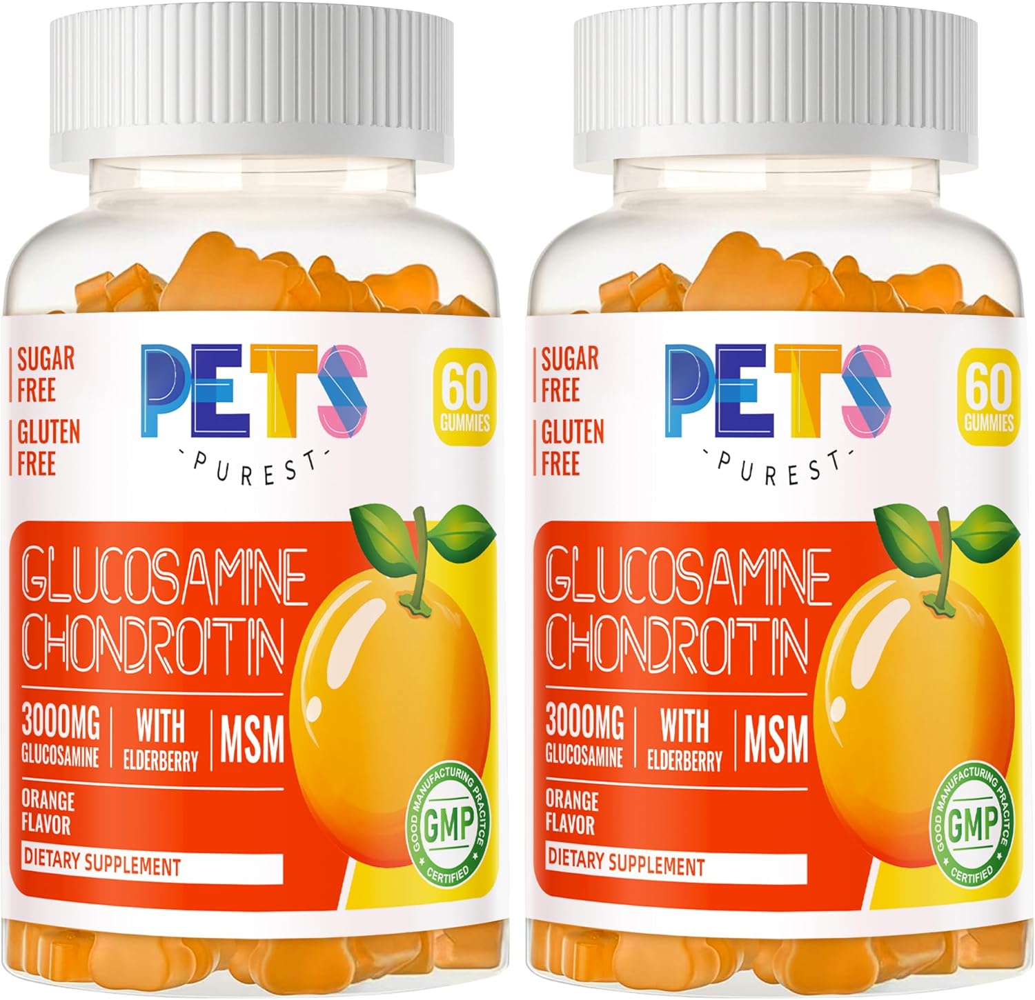 Pets Purest Glucosamine Chondroitin Gummies with MSM & Elderberry - Joint & Immune Support (2 Pack) Orange Flavor