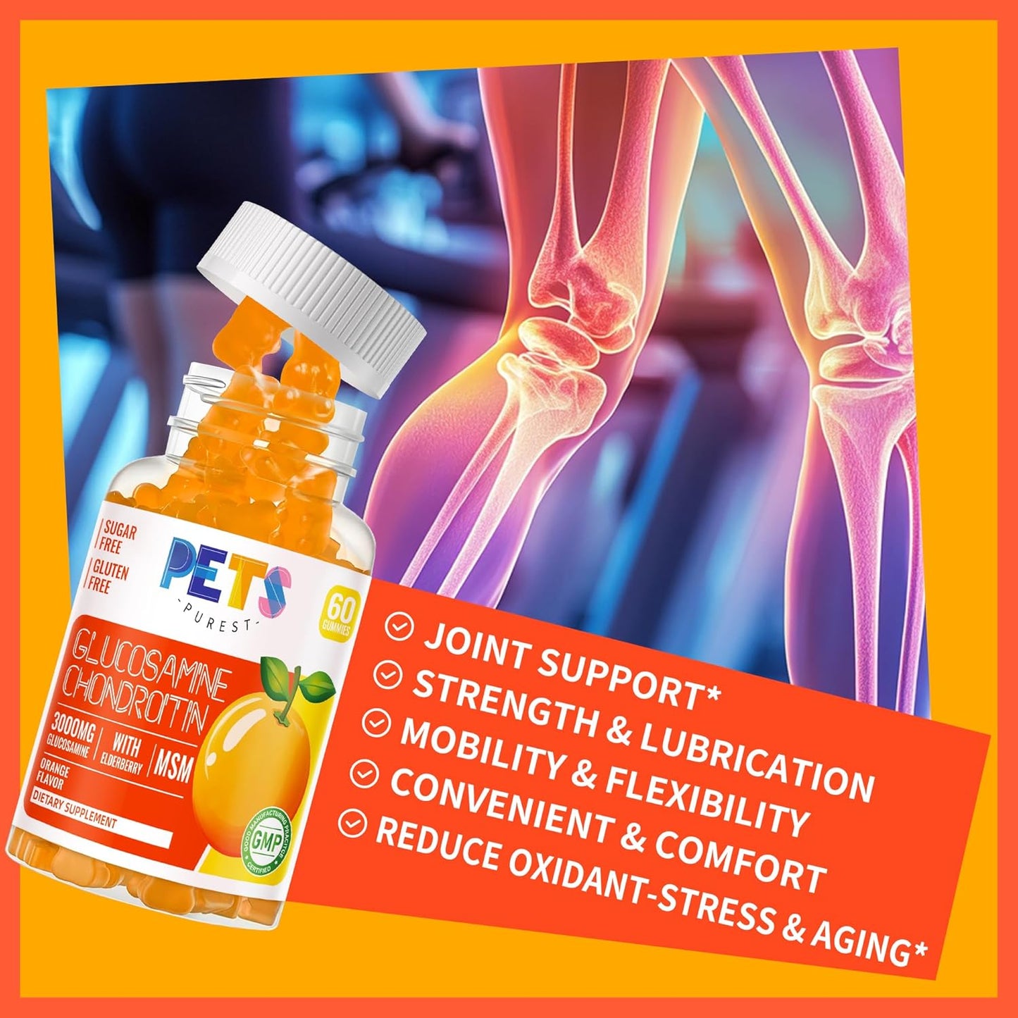 Pets Purest Glucosamine Chondroitin Gummies with MSM & Elderberry - Joint & Immune Support (2 Pack) Orange Flavor