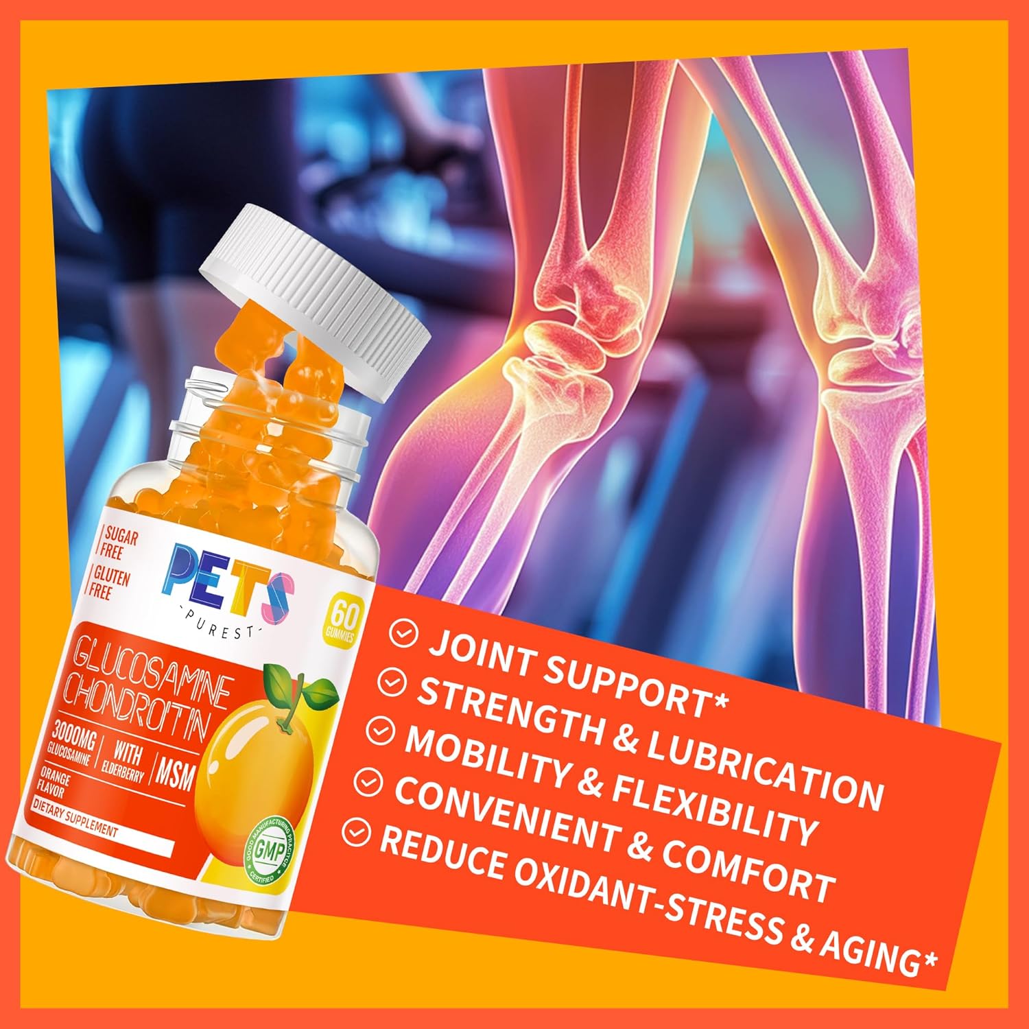 Pets Purest Glucosamine Chondroitin Gummies with MSM & Elderberry - Joint & Immune Support (2 Pack) Orange Flavor