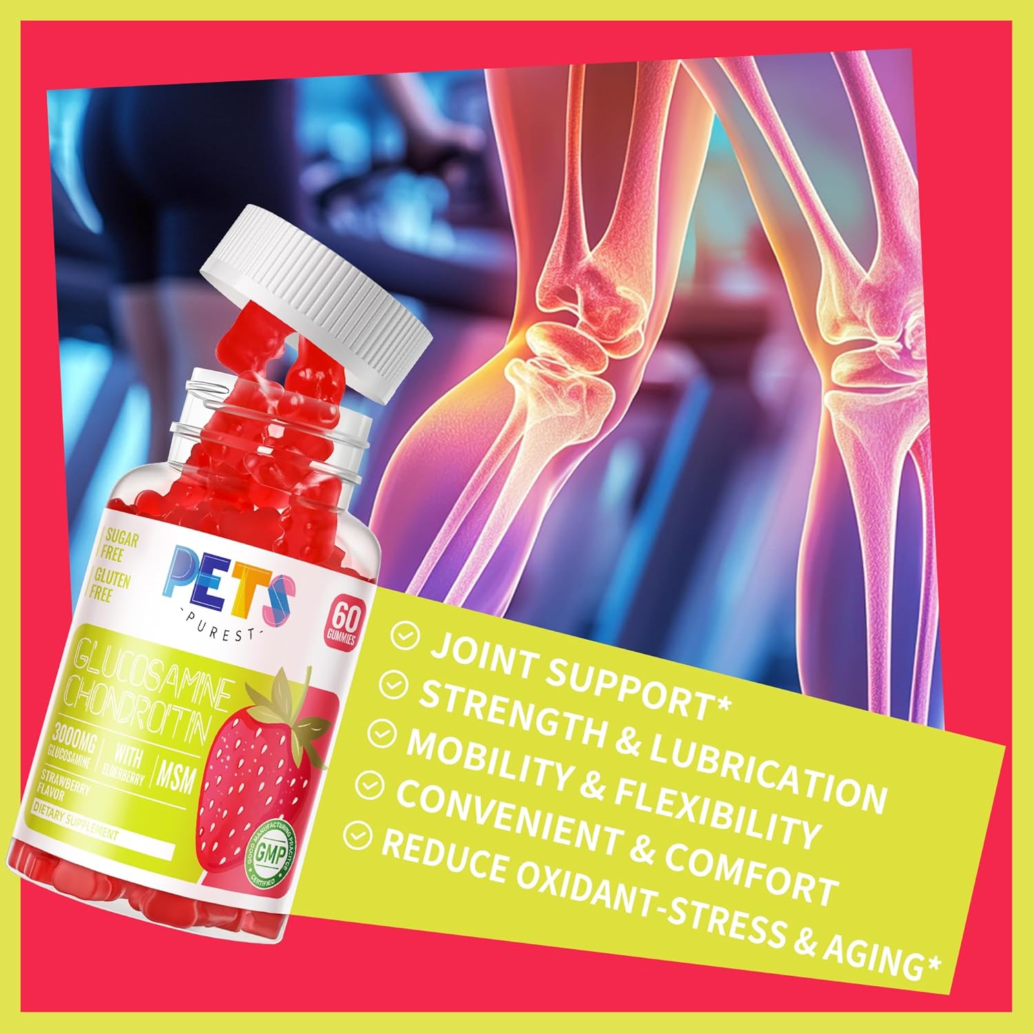 Pets Purest Glucosamine Chondroitin Gummies with MSM & Elderberry - Joint & Immune Support (2 Pack, Strawberry Flavor)