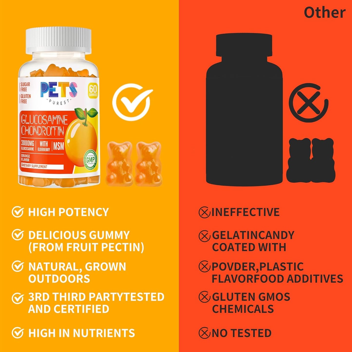 Pets Purest Glucosamine Chondroitin Gummies with MSM & Elderberry - Joint & Immune Support (2 Pack) Orange Flavor