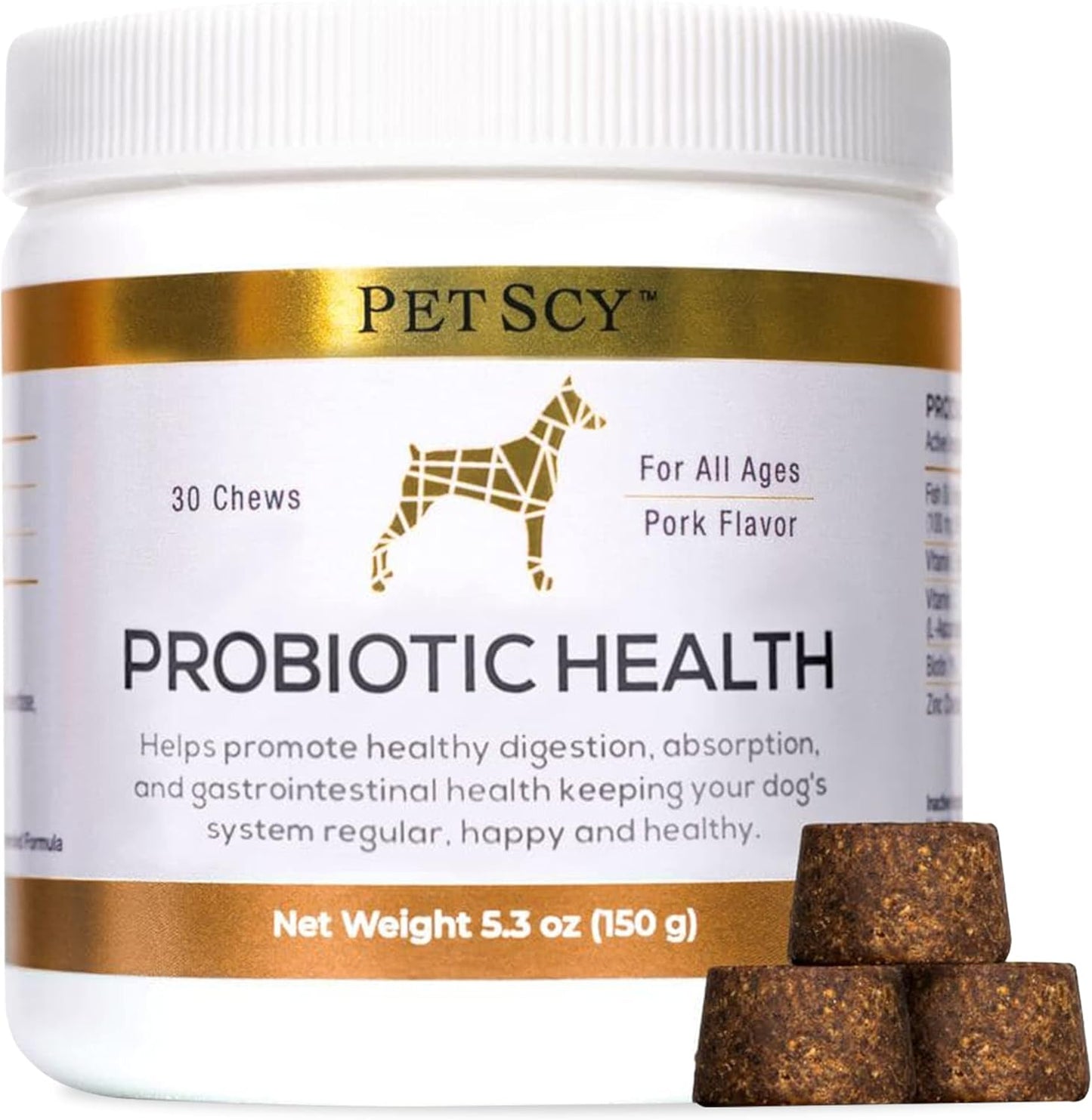 PetScy Probiotic Chews for Dogs - All Ages, Sizes & Breeds, Prebiotic Fiber, Omega-3, Skin, Coat, Gut Health - 30 Chews